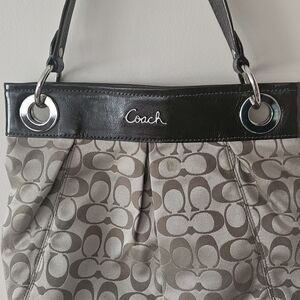 Coach Khaki Signature Pleated Shoulder Bag with Black Trim